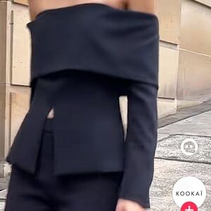 Kookai Alto Off Shoulder Top (Black Long-Sleeve Blazer w/ Front Slit)